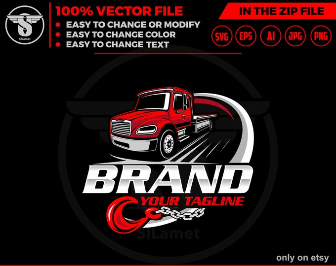 flat bed tow truck logo - flat bed towing - towing truck logo - towing service logo