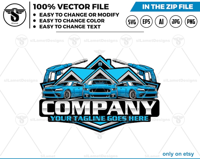 Car Wash House Logo - Auto Cleaning Garage Logo - Vehicle Wash Building logo - Car Spa Shop logo