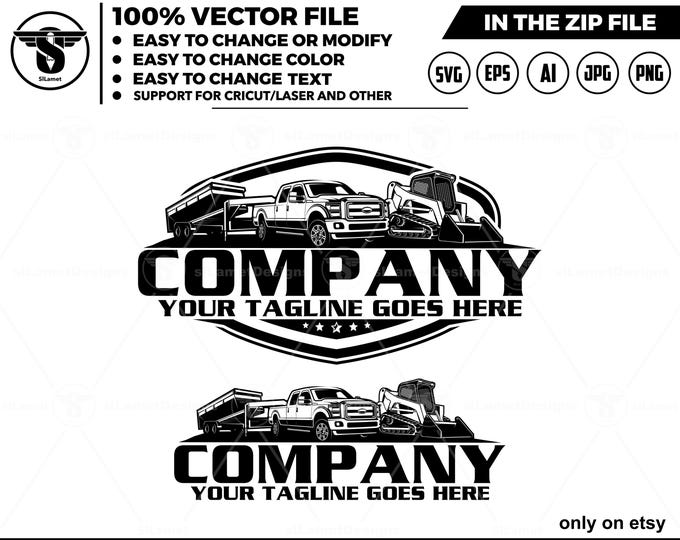 Pickup truck, gooseneck dump Trailer & skid steer Logo - junk removal SVG : dump rental