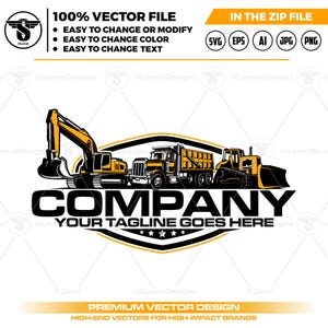 Bearbeitbares gelbes Vektor-Logo für Geräteträger: Bulldozer-Kipper-LKW Bagger-Branding (SVG AI)