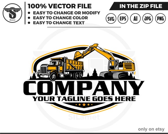 excavator loading dump truck logo - dump truck and excavator logo - equipment vehicles logo - heavy equipment svg