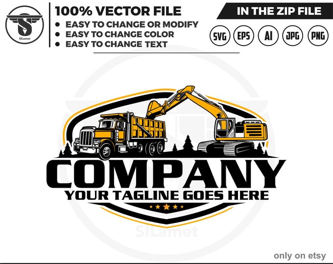 excavator loading dump truck logo - dump truck and excavator logo - equipment vehicles logo - heavy equipment svg