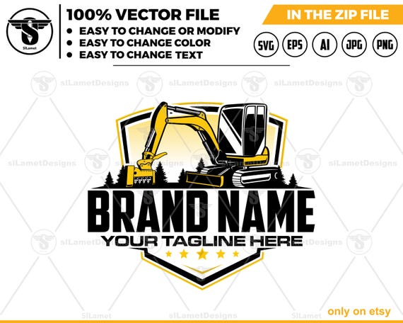 Mini Excavator Logo - Forestry Mulcher Head Logo - Heavy Brush Cutter Design - Land Clearing Attachment logo