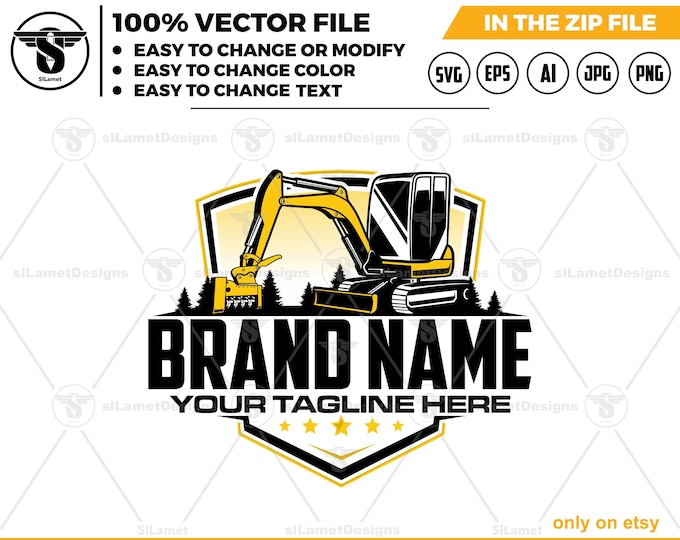 Mini Excavator Logo - Forestry Mulcher Head Logo - Heavy Brush Cutter Design - Land Clearing Attachment logo