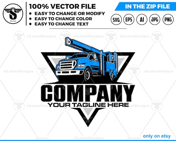 Bucket Truck Logo - Aerial Lift Truck Design - Utility Service Vehicle Icon - Boom Truck Badge - Powerline Work Logo