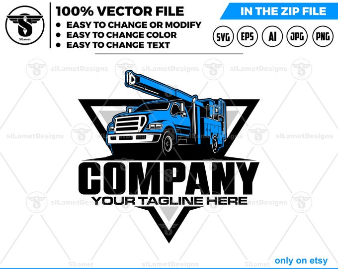 Bucket Truck Logo - Aerial Lift Truck Design - Utility Service Vehicle Icon - Boom Truck Badge - Powerline Work Logo