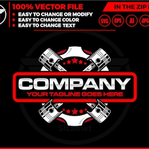 May include: A red and white logo with the word "COMPANY" in silver letters and the text "YOUR TAGLINE GOES HERE" below. The logo features two crossed pistons with a red and white star design.