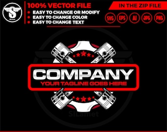 May include: A red and white logo with the word "COMPANY" in silver letters and the text "YOUR TAGLINE GOES HERE" below. The logo features two crossed pistons with a red and white star design.