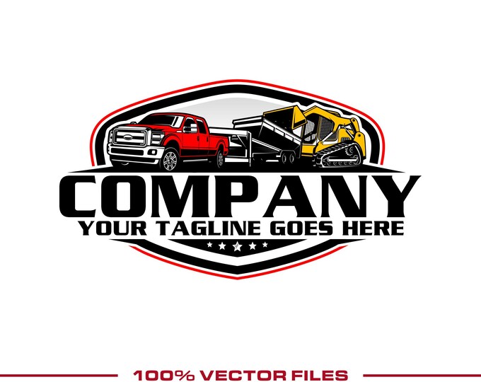 Construction Logo: Fully Editable, Pickup Truck Gooseneck Dump Trailer Skid Steer SVG Vector Design