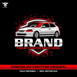 Pode incluir: Ilustração de um carro branco com detalhes vermelhos sobre fundo preto. A palavra "BRAND" está em prata, com "YOUR TAGLINE GOES HERE" abaixo. O design inclui "PREMIUM VECTOR DESIGN" e "FULLY EDITABLE - 100% VECTOR FILE".