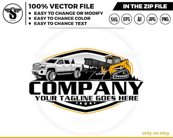 gmc pickup truck dump trailer and Skid steer loader logo, skid steer tracker logo, skid steer svg, Heavy Equipment logo Svg, dump trailer