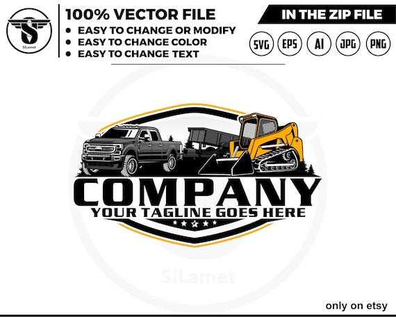 pickup truck dump trailer and Skid steer loader logo, skid steer tracker logo, skid steer svg, Heavy Equipment logo Svg, dump trailer