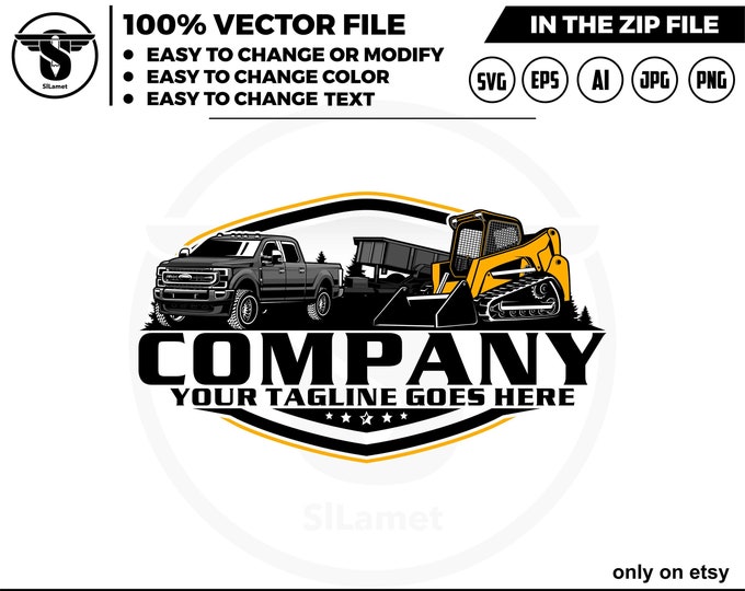 pickup truck dump trailer and Skid steer loader logo, skid steer tracker logo, skid steer svg, Heavy Equipment logo Svg, dump trailer