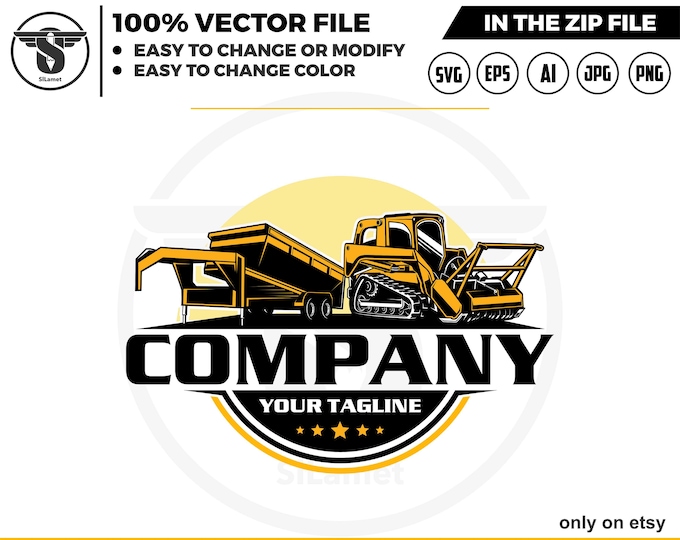 mulching skid steer and gooseneck dump trailer logo -  skid steer brush mulcher logo - skid steer mulcher attachment logo -dump trailer logo