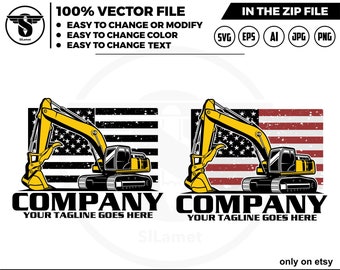 May include: A yellow excavator with a black cab is positioned in front of a distressed American flag. The text "COMPANY" is below the excavator, with the tagline "YOUR TAGLINE GOES HERE" underneath.