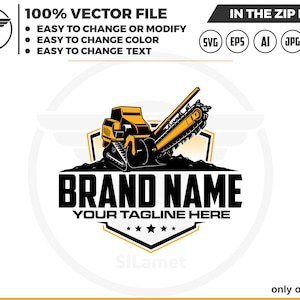 May include: A logo design featuring a yellow and black trenching machine on a black dirt mound. The logo has a black shield shape with five stars and the text "BRAND NAME" and "YOUR TAGLINE HERE".
