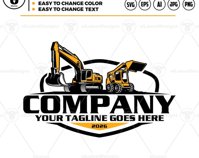 skid steer and excavator logo svg: construction, heavy equipment vector file