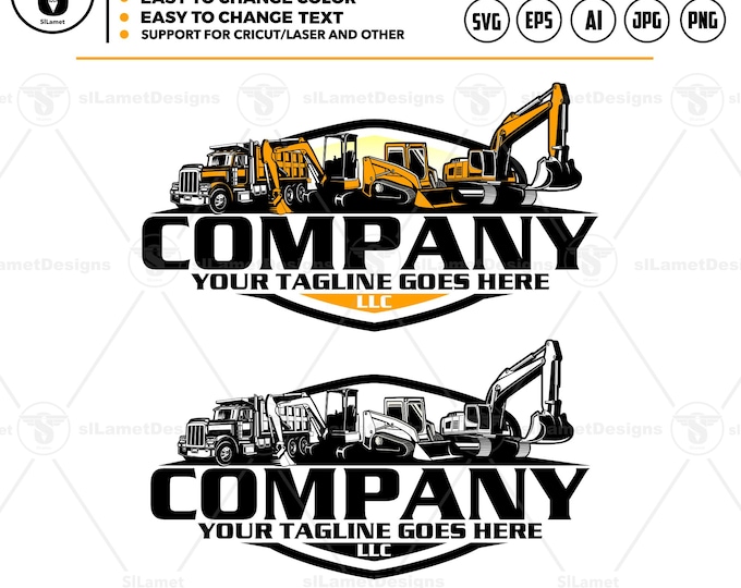Heavy Equipment Logo: dump Truck, Excavator, Skid Steer, mini excavator vector fil