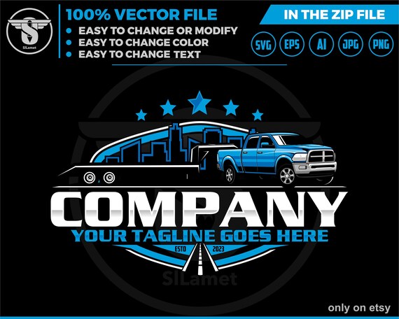 pickup and car hauler trailer city logo - pickup and trailer logo - trailer towing logo - hotshot truck logo - pickup and flatbed trailer