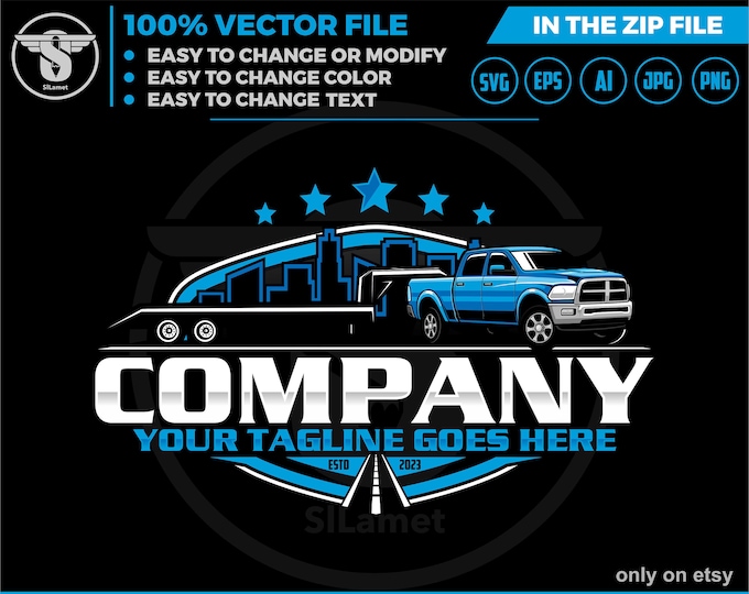 pickup and car hauler trailer city logo - pickup and trailer logo - trailer towing logo - hotshot truck logo - pickup and flatbed trailer