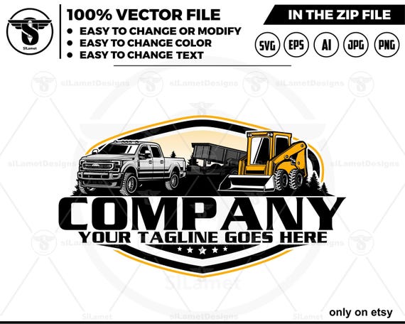 pickup truck dump trailer and Skid steer wheel loader logo, skid steer wheel logo, skid steer svg, Heavy Equipment logo Svg, dump trailer