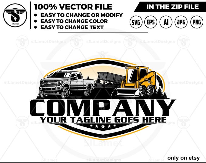 pickup truck dump trailer and Skid steer wheel loader logo, skid steer wheel logo, skid steer svg, Heavy Equipment logo Svg, dump trailer