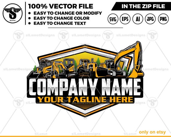 equipment vehicles logo, skid steer, mini excavator, bulldozer, excavator, heavy equipment rental logo, heavy equipment repair logo