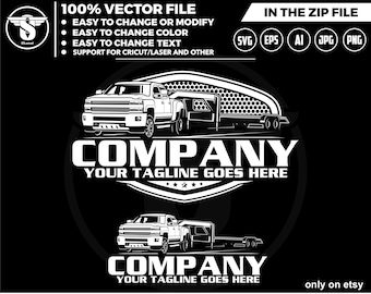 May include: Black and white illustration of a pickup truck towing a trailer. The truck has a large grille and a flatbed trailer. The text "COMPANY" and "YOUR TAGLINE GOES HERE" is below the truck.