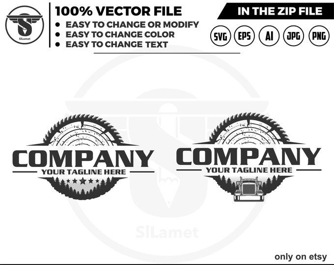 woodcutter logo - lumberjack logo - wood cutting tool logo - truck logging logo