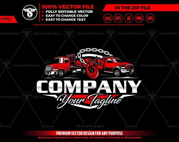 Towing Truck Logo Vector: Tow Truck 18 Wheeler, towing service ,vehicle recovery SVG Template