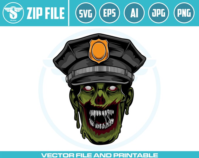 head police zombie SVG, police zombie illustration, zombie SVG, zombie printable svg, police zombie t shirt design, green zombie, SVG file