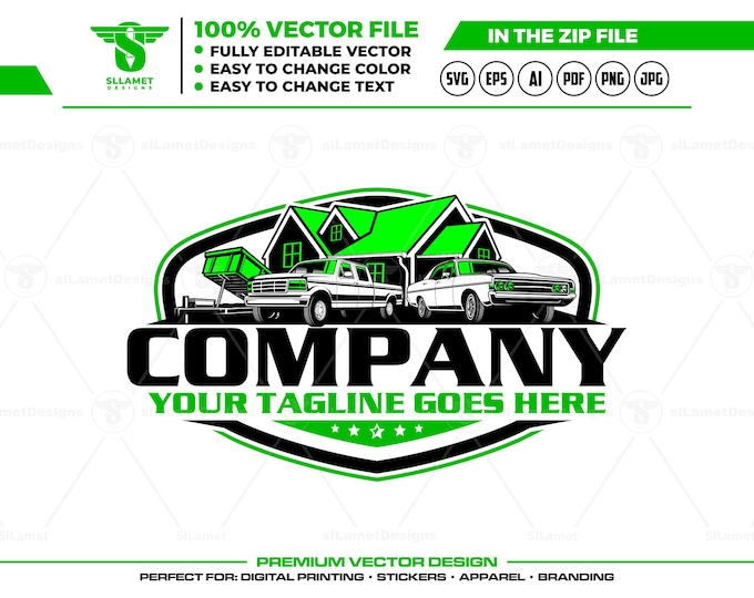 Contractor Logo for Home Improvement, Handyman Service Logo, Professional House Remodeling Branding, dump trailer, pickup truck, car vector