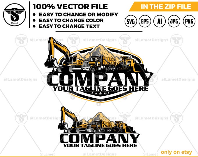 mountain heavy equipment logo - dump truck, excavator, dozer logo
