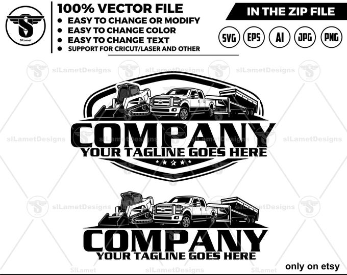 pickup truck dump trailer and skid steer logo - equipment rental logo - Heavy Equipment logo - Construction Logo, silhouette, cricut
