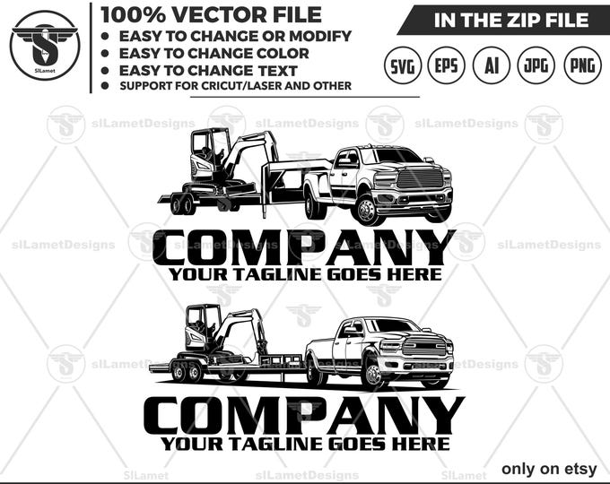 Truck and Trailer Logo -  transporting mini excavators svg - silhouette SVG Vector Cricut Cut Cutting