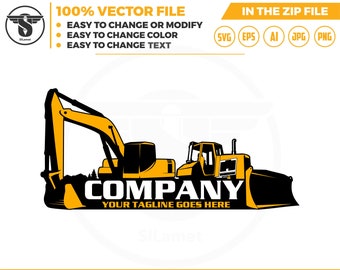 May include: A black and yellow logo featuring a silhouette of an excavator and bulldozer with the text "COMPANY" and "YOUR TAGLINE GOES HERE" below.