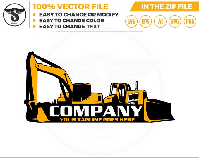 Bulldozer and excavator logo - Heavy Equipment logo - Construction Logo