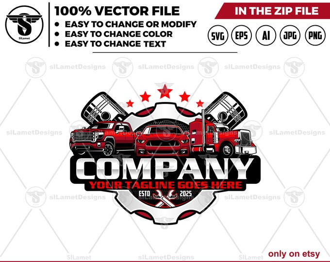 Automotive Logo Template: Car, pickup, Truck Service, Repair, Piston (Digital Download)