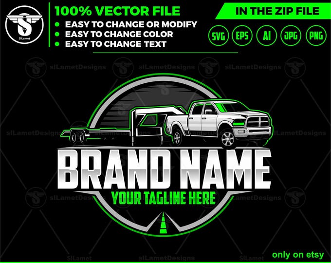 hotshot logo - pickup and flatbed trailer logo - truck towing logo - towing Company Logo - hauler trailer logo dodge pickup and flatbed