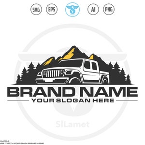 May include: A black and white logo design featuring a white pickup truck driving through a mountain landscape with yellow accents. The text "BRAND NAME" and "YOUR SLOGAN HERE" is below the truck.