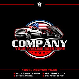 May include: A logo design featuring a white pickup truck towing a trailer, set against a black background. The design incorporates the American flag and the text "COMPANY YOUR TAGLINE GOES HERE". The logo also includes the text "100% VECTOR FILES".