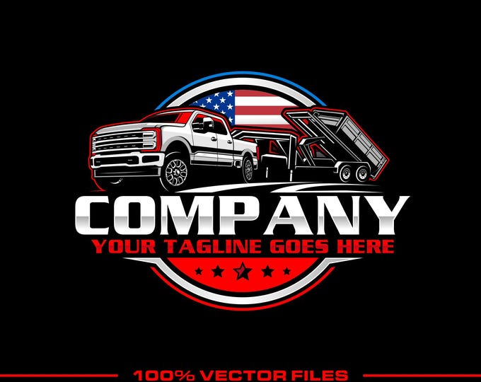 Pickup Truck And Dump Roll-off Trailer Logo: Fully Editable, american Hauling Vector Design