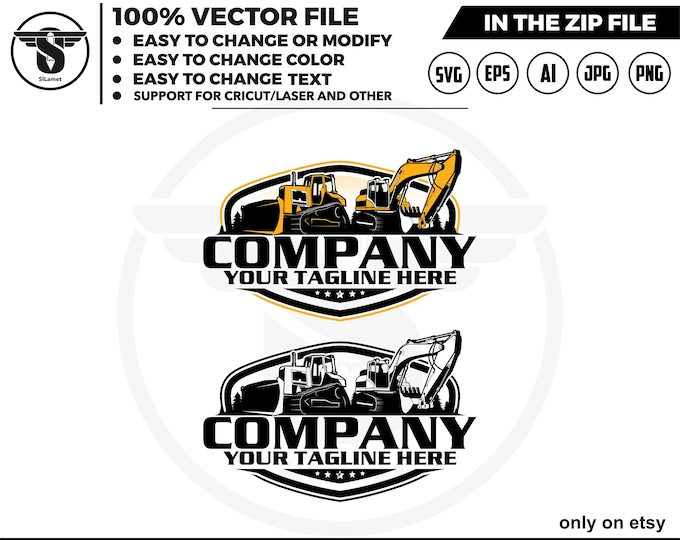 excavator and bulldozer logo - digging logo - earth digging logo - excavator svg - Heavy Equipment logo, Construction Logo