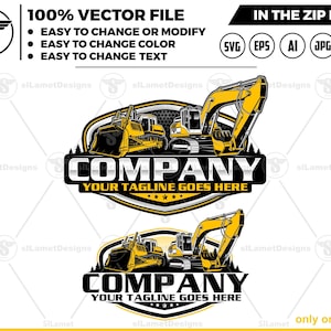 Könnte beinhalten: Ein Logo mit zwei gelben Baumaschinen, einem Bulldozer und einem Bagger, mit dem Text "COMPANY YOUR TAGLINE GOES HERE" in einem silbernen und schwarzen Schild.