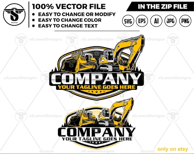 Bulldozer and excavator logo - Heavy Equipment logo - Construction Logo