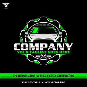 May include: A black and green automotive company logo featuring a white car inside a gear. The word "COMPANY" is in silver, with "YOUR TAGLINE GOES HERE" below. The logo includes the text "ESTO 2025" and "PREMIUM VECTOR DESIGN".