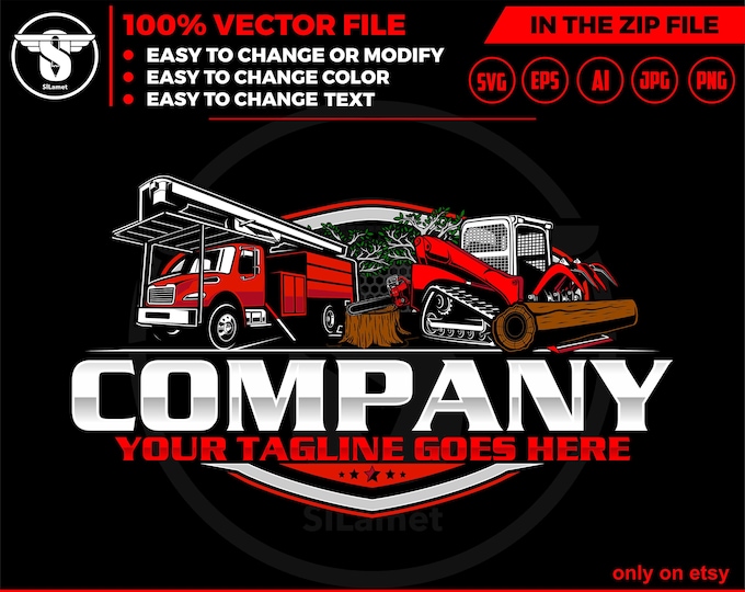 tree sevice logo - Forestry Bucket Trucks logo - chainsaw logo , skid steer grapple and Forestry Bucket Trucks - Tree trimmer truck