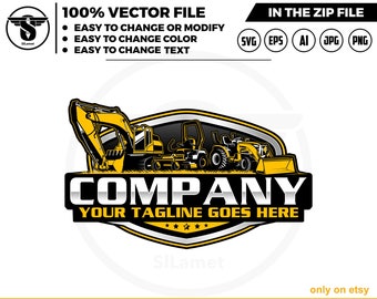 May include: A logo design featuring a yellow excavator and a yellow tractor in front of a black and silver shield with the text "COMPANY" and "YOUR TAGLINE GOES HERE" in silver lettering.