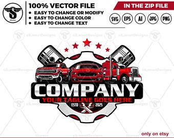 Automotive Service Logo Template: Truck, Car, Piston Design (Digital Download)