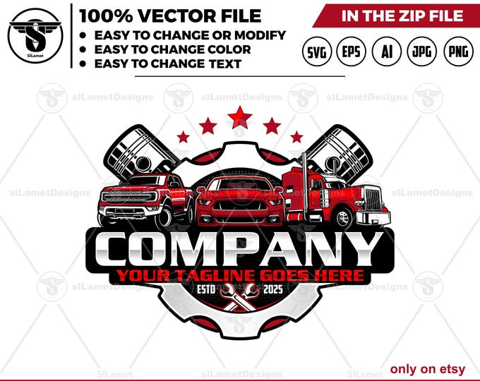vehicle service logo - vehicle repair logo template - automotive logo - truck trailer, sport car, pickup truck  - piston logo